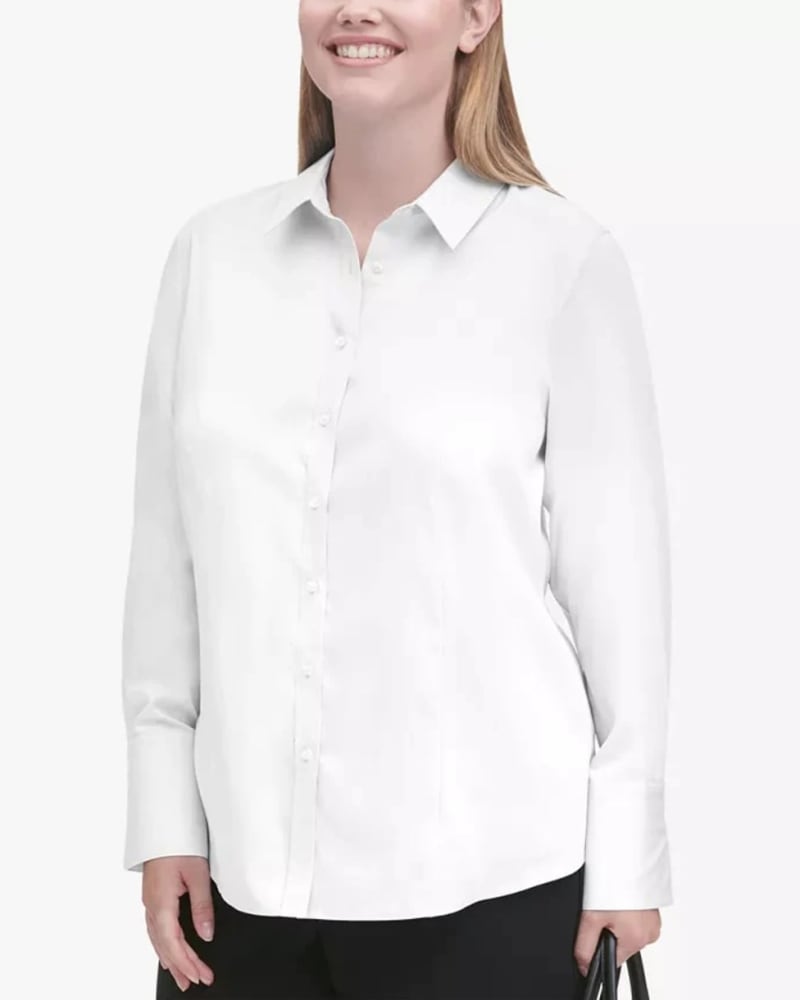 Front of a model wearing a size 18W Calvin Klein Women's Plus Cotton Collared Shirt White Size 18W in White by Calvin Klein. | dia_product_style_image_id:313664